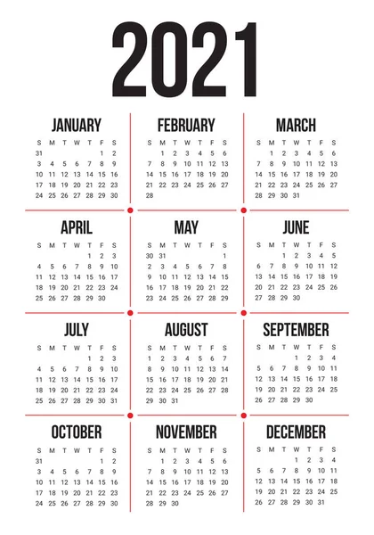 Jaar 2021 Kalender Vector Ontwerp Template Eenvoudig Schoon Ontwerp — Stockvector