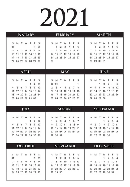 Jaar 2021 Kalender Vector Ontwerp Template Eenvoudig Schoon Ontwerp — Stockvector