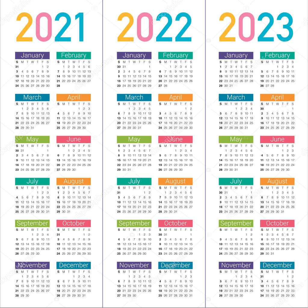 Year 2021 2022 2023 calendar vector design template, simple and clean design