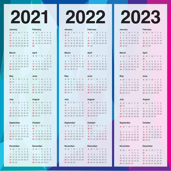 Year 2021 2022 2023 Calendar Vector Design Template Simple Clean — Stock Vector