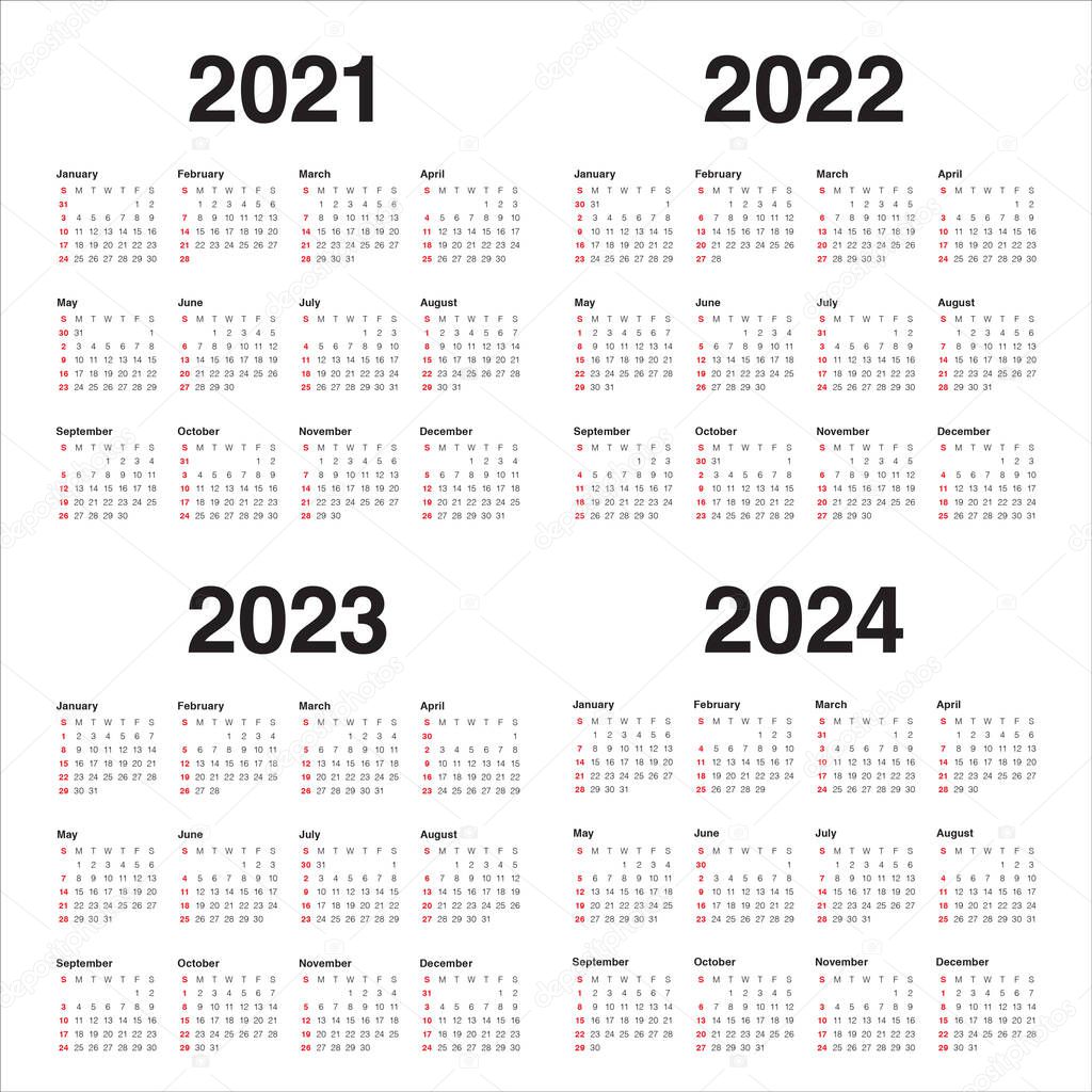 Year 2021 2022 2023 2024 calendar vector design template, simple and clean design