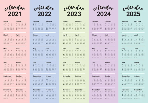 Año 2021 2022 2023 2024 2025 Plantilla Diseño Vectores Calendario — Archivo Imágenes Vectoriales