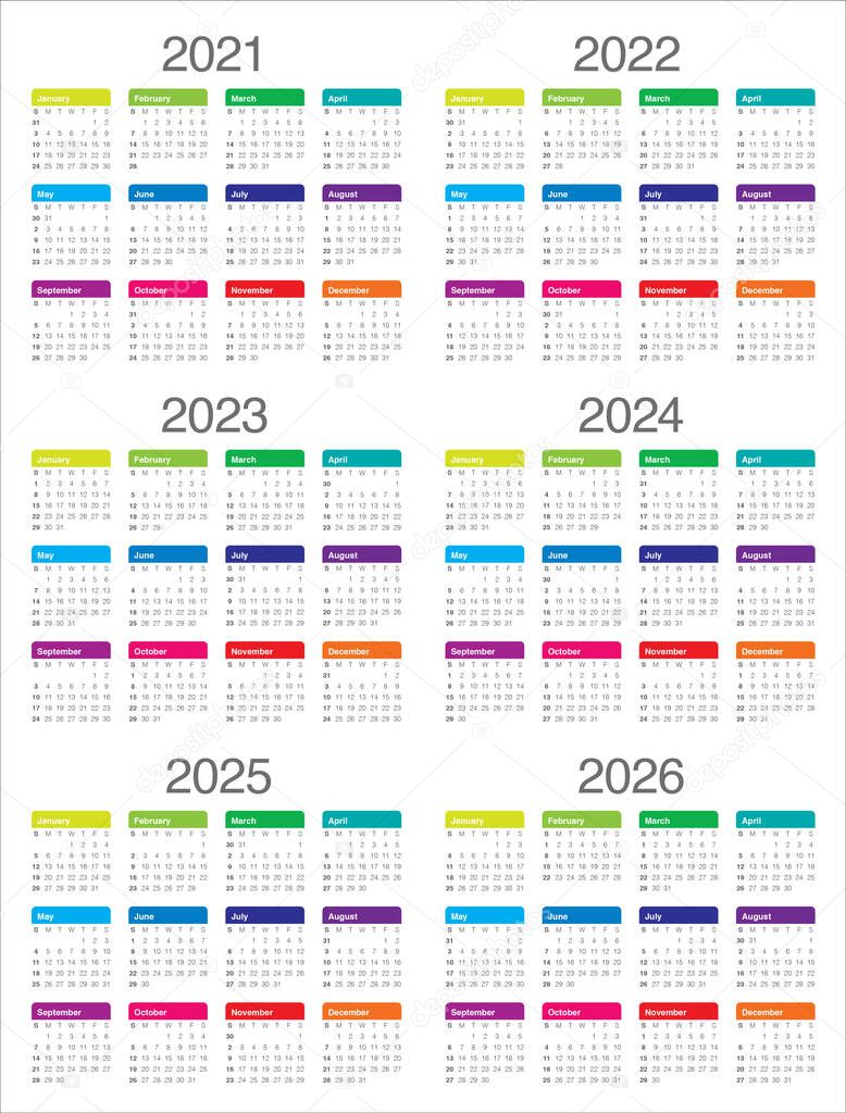 Year 2021 2022 2023 2024 2025 2026 calendar vector design template, simple and clean design