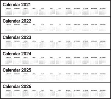 Yıl 2021 2022 2023 2024 2025 2026 takvim vektör tasarım şablonu, basit ve temiz tasarım