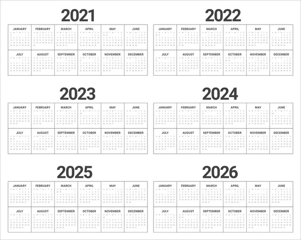Yıl 2021 2022 2023 2024 2025 2026 Takvim Vektör Tasarım — Stok Vektör