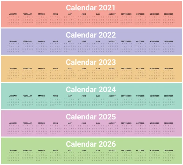 2021 2022 2023 2024 2025 2026 Modelo Design Vetor Calendário — Vetor de Stock