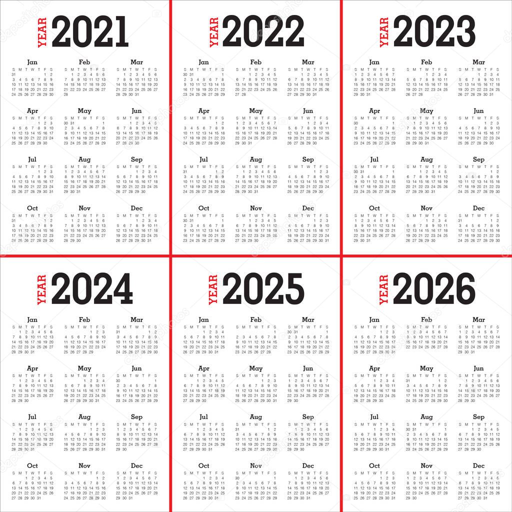 Year 2021 2022 2023 2024 2025 2026 calendar vector design template, simple and clean design