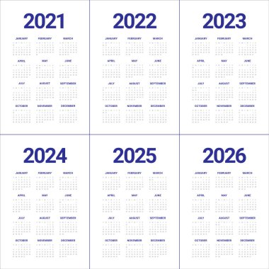 Yıl 2021 2022 2023 2024 2025 2026 takvim vektör tasarım şablonu, basit ve temiz tasarım
