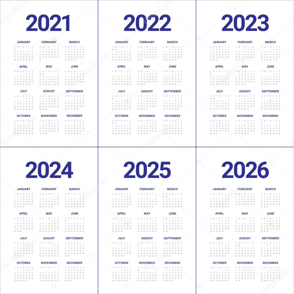 Year 2021 2022 2023 2024 2025 2026 calendar vector design template, simple and clean design