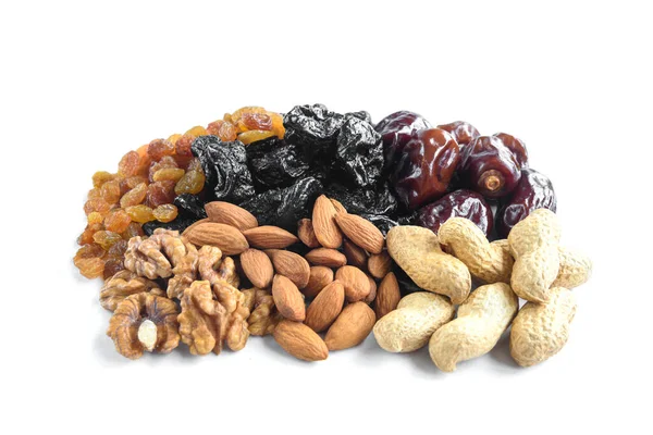 Dried Fruits Nuts Raisin Prane Dates Walnuts Almonds Peanuts Isolated — Stock Photo, Image
