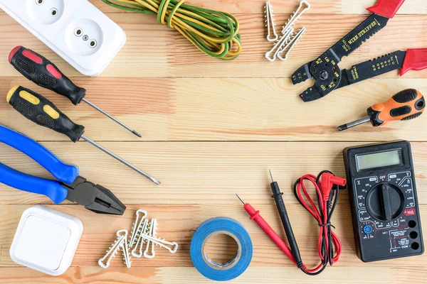 Electrical Equipment Tools Wooden Table Copy Space — Stock Photo, Image