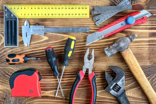 Set Construction Tools Dark Wooden Table Copy Space — Stock Photo, Image