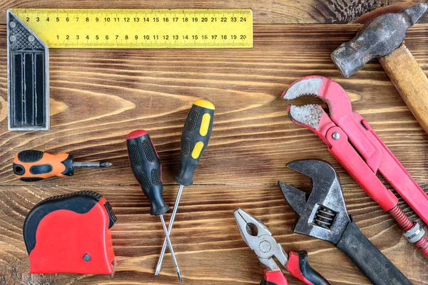 Set Construction Tools Dark Wooden Table Copy Space — Stock Photo, Image