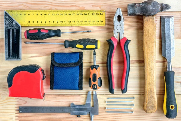 Set Construction Tools Dark Wooden Table Copy Space — Stock Photo, Image