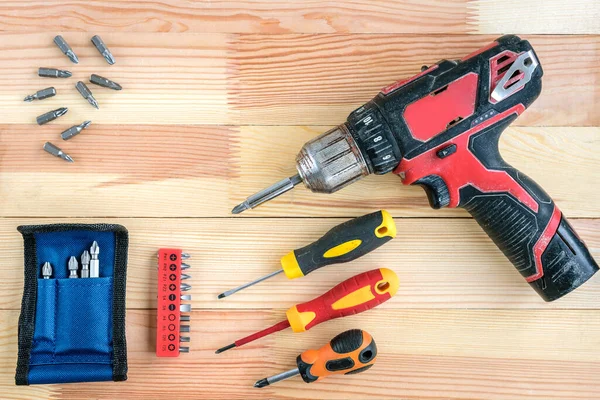 Electric Screwdriver Bits Drills Wooden Background Construction Tools Concept — Stock Photo, Image