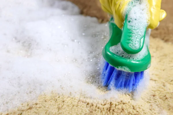 Woman hand in glove cleans carpet in the room, using brush. Close up. Cleaning concept.