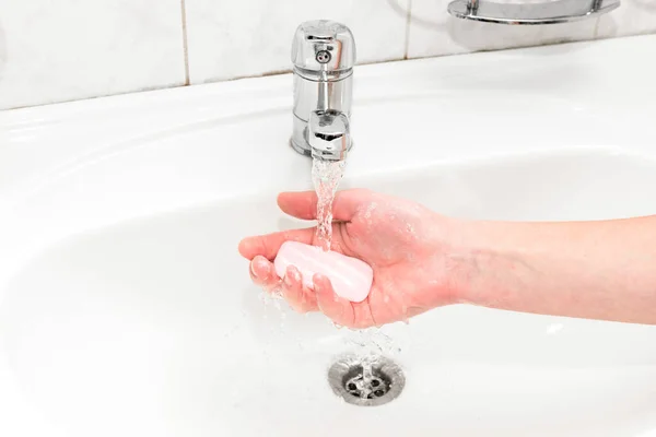 Hygiene Cleaning Hands Washing Hands Soap Faucet Water — Stock Photo, Image