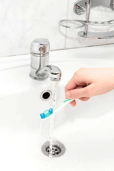 Female Hand Holding Toothbrush Toothpaste Bathroom Hygiene Healthcare — Stock Photo, Image