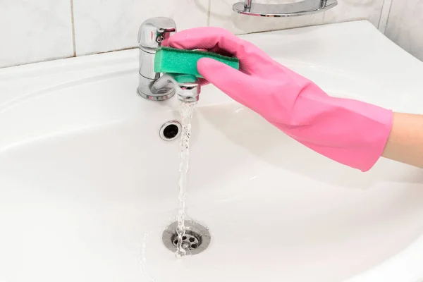 Woman Doing Chores Bathroom Cleaning Tap — Stock Photo, Image