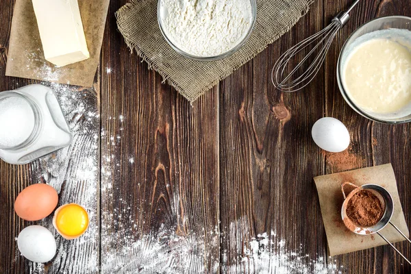 Hornear Ingredientes Para Cocinar Cupcakes Chocolate Pastel Cuenco Con Azúcar — Foto de Stock