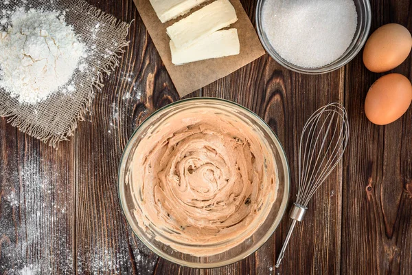 Ingredientes Para Hornear Para Cocinar Gofres Chocolate Pastel Cuenco Con — Foto de Stock
