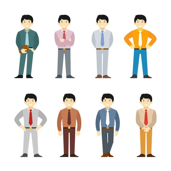 Cartone Animato Asiatico Uomo Abito Lavoro Impostare Stile Piatto Pose — Vettoriale Stock