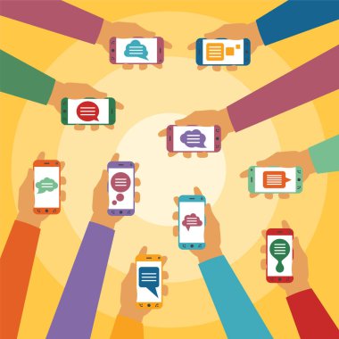 eller akıllı telefonlar ve açılan iletişim kutuları ile mobil Instant messenger sohbet kavramını vektör