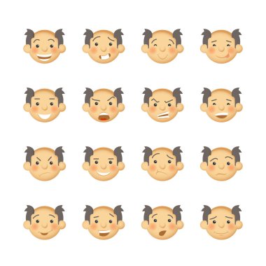 Büyükler düzeyinde erkekler pembe yanakları ile. Vektör avatarlar ve ifadeler kümesi.