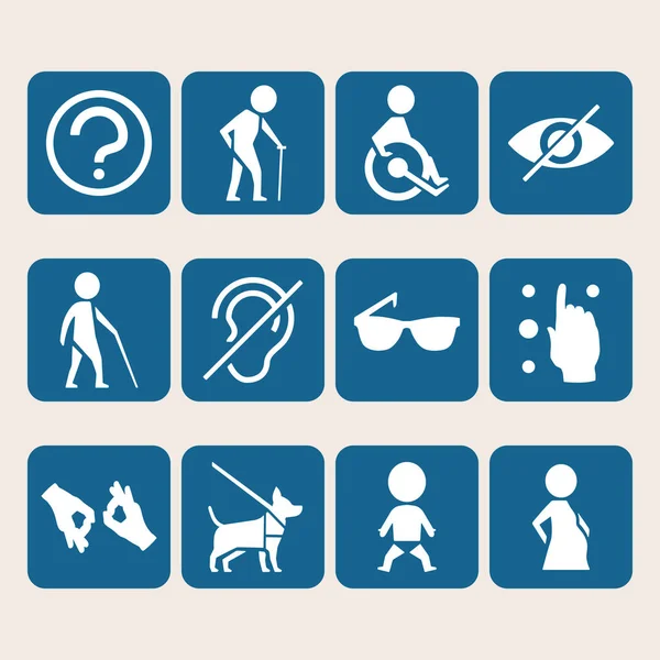 身体残疾的人 像盲人聋哑人和轮椅标志矢量彩色的图标集的访问权限 — 图库矢量图片
