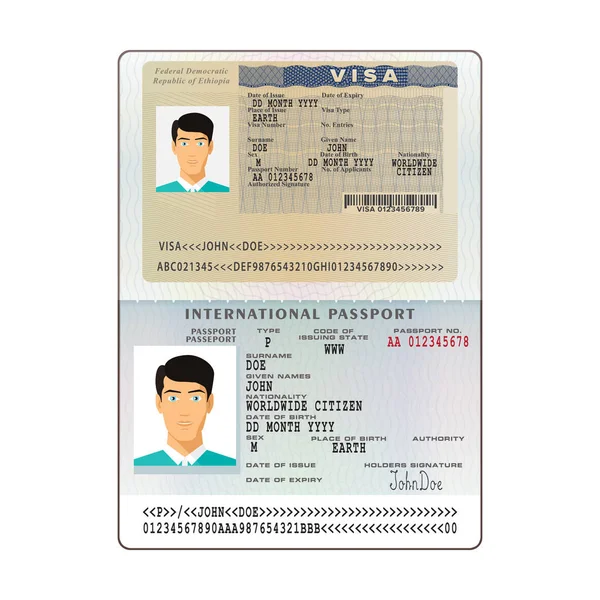 Vector International Open Passport Ethiopia Visa — Stock Vector
