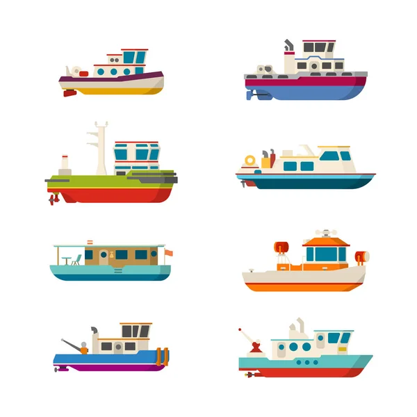 Vector Barcos Mar Río Estilo Plano — Vector de stock