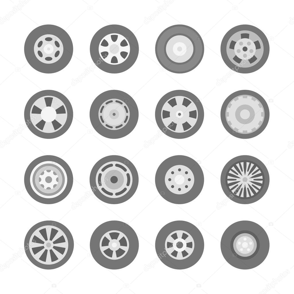 Vector car wheels and tires set in flat style