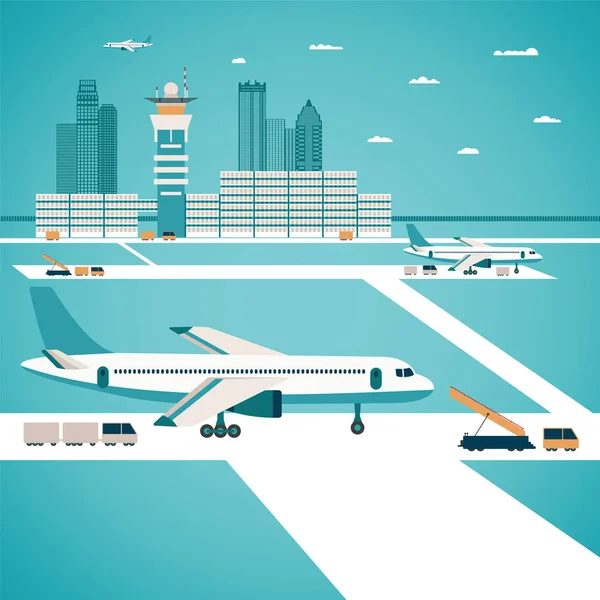 Concepto Aeropuerto Vectorial Con Edificios Transporte Equipaje Avión Pista — Archivo Imágenes Vectoriales