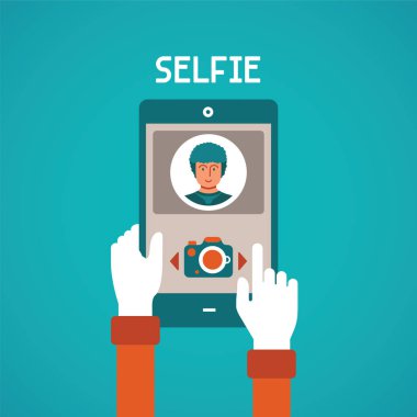 Selfie yapım süreci ile mobil gadget düz stil vektör kavramı