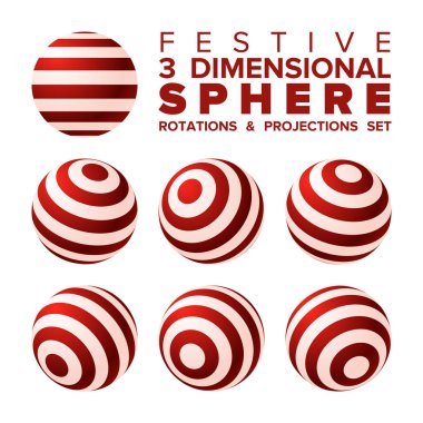 Vektör 3d Christmas kırmızı ve beyaz çizgili topu rotasyonlar ve projeksiyonlar seti