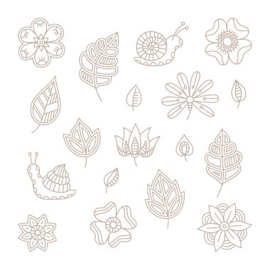 Vektör vintage çiçek tasarım öğeleri mono çizgi stili ayarla