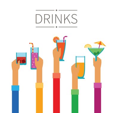 Düz stil içecekler ve kokteyller vektör kavramında kaldırdı elleriyle