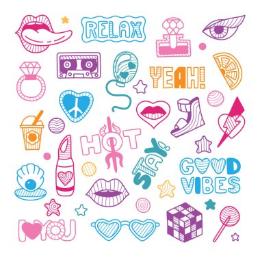 Vektör doodle kız gibi parti ve kutlama clipart lineart öğeleri ayarla