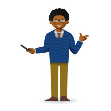 Kazak ve gömlek poz arsız Afrika adam. Öğretmen veya öğretim üyesi.