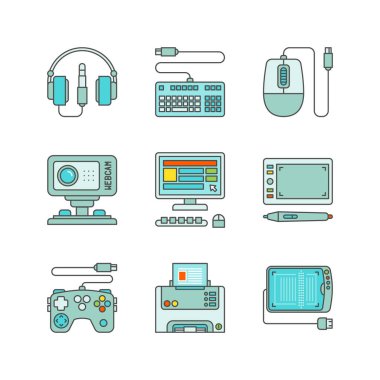 Vektör en az lineart düz elektronik Iconset