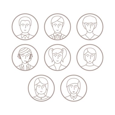 Vektör avatarlar ve mono ince çizgi stili karakter kümesi