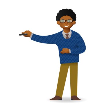 Kazak ve gömlek poz arsız Afrika adam. Öğretmen veya öğretim üyesi.