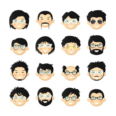 Asyalı erkek avatar Iconset sakal, bıyık, gözlük ve pembe yanakları ile baş