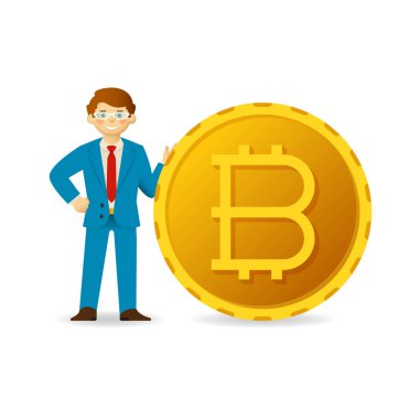 Büyük bitcoin sikke vektör kavramı düz stil ile işadamı