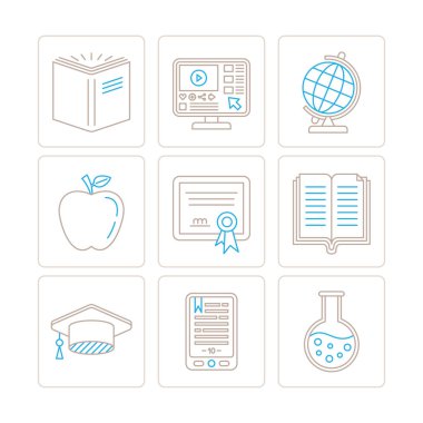 Vektör eğitim simgeler ve kavramlar mono ince çizgi stili