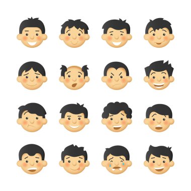 Pembe yanaklı farklı erkeklerle. Vektör avatarlar ve ifadeler kümesi.