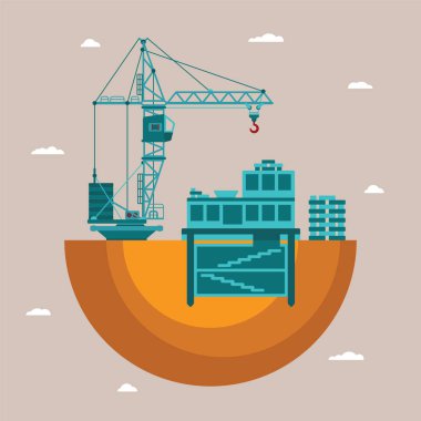 Konut ev inşaat süreci vinç ve underground utilities ile vektör kavramı