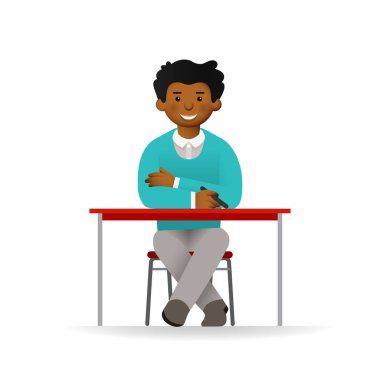 Kazak ve gömlek poz arsız Afrika adam. Masada oturan.