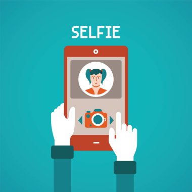 Selfie yapım süreci ile mobil gadget düz stil vektör kavramı