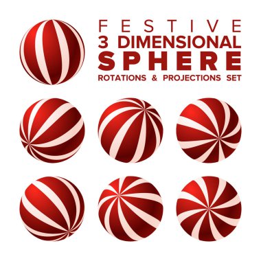 Vektör 3d Christmas kırmızı ve beyaz çizgili topu rotasyonlar ve projeksiyonlar seti